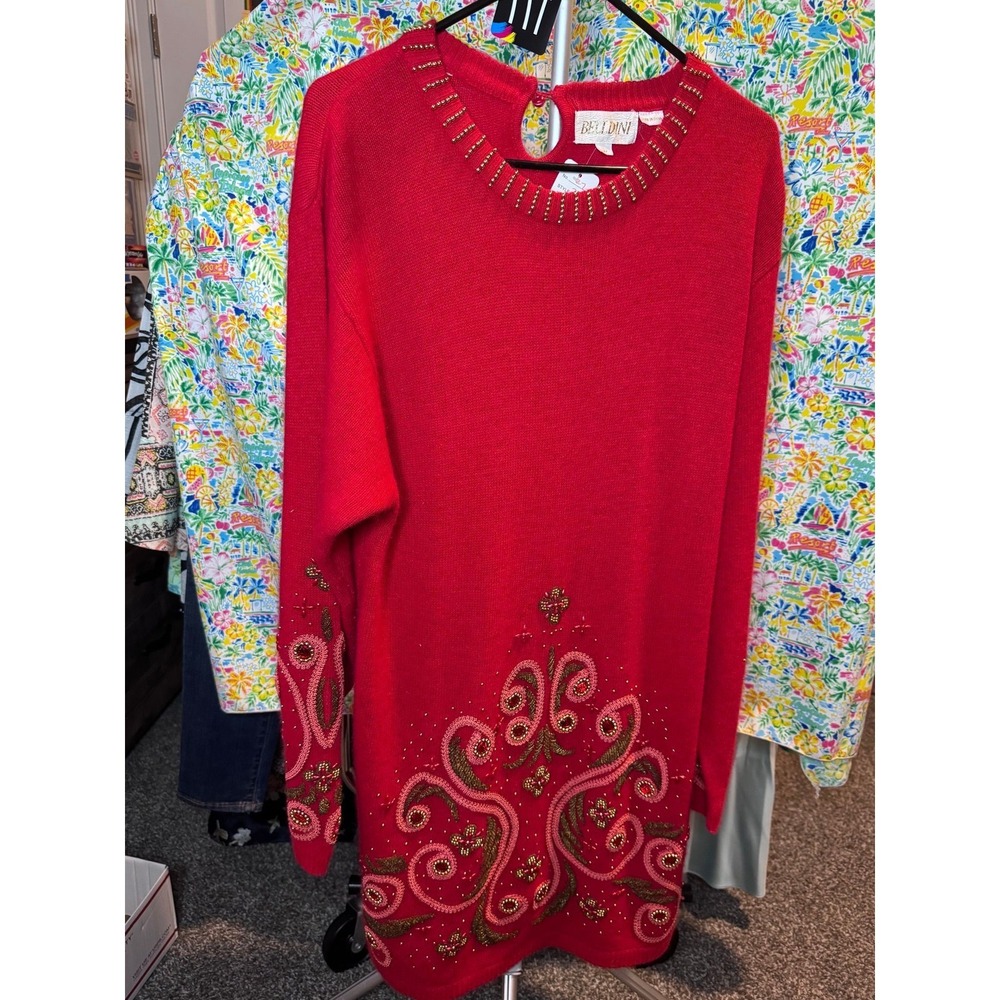 177 Belldini Red Lambswool Angora Beaded Paisley Sweater Dress L Holiday Vintage